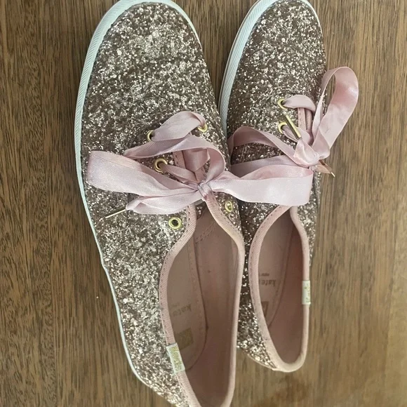 Kate Spade Keds Rose Gold Glitter Sneakers with Pink Satin Laces Size 6.5 - Picture 4 of 9